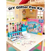 DIY Glitter Pen Kit, Children Pen Creator Studio Toy, Handmade Liquid Floating Sequin Pens Making Set with Cute Cartoon Tops, Ar