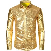 2025 Shirt Long Sleeve Button Down Christmas Halloween Bday Party Stage Costume Men's Disco Shiny Gold Sequin Metallic Design
