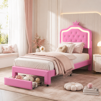 Single Bed 90x190cm with Drawer, Girl Bed Frame with LED Light, Princess Upholstered with Adjustable Crown Headboard and Wooden Slats for Girls Kids Teen Bedroom, Pink, PU, No Mattress