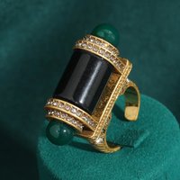 18K Gold-Plated Symmetrical Design Decorative Ring for Women - Black Onyx Emerald Rhinestone Banquet Evening Formal Jewelry