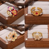 Trendy Hand-Painted Enamel Flower Blossom Ring 18K Gold Plated Copper Floral Open Ring for Women Daily Party Jewelry Accessories