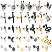 Alisouy 2pcs Surgical Steel Leaf Moon Snake Star Heart Ear Stud Earrings Cartilage Helix Lobe Conch Men Women Piercing Jewlelry