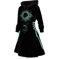 Dressfo 2025 Women's Hoodie Dresses Contrast Sun Moon Print Hooded Dress Lace Up Mini Dress Long Sleeve Dress