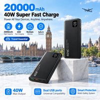 Power bank o pojemności 20000 mAh, szybkie ładowanie 40 W, przenośna ładowarka o dużej pojemności, kompatybilna z urządzeniami iPhone, Samsung, Huawei i Android.