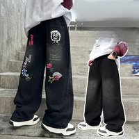 Boys Black Print Jeans Spring/Autumn Kids Wide Leg Pants Washed Denim Straight Pants Teen Children Pants 5-14 Years Old