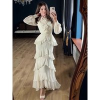 Elegant White Layered Ruffle Maxi Dress Women O Neck Long Sleeve High Waist Slim Long Dress 2026 Lady Solid Vacation Party Robes
