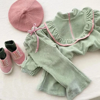 2025 Autumn New Girl Baby Corduroy Ruffles Long Sleeves T-shirt Set Children Solid Tops + Drawstring Wide Leg Pants 2pcs Suit