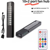 10+2 Port RGB Fan Hub with IR Remote, 6pin PWM Fan Splitter+4pin ARGB Light Strip Interface,SATA Powered-Batteries not included