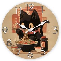Retro Cute Black Cat Eating Ramen Wooden Wall Clock Living Room Bedroom Kitchen Home Decoration Wall Clock Silent Quartz Clock Holiday Gift 10 Inches 12 Inches 14inch 16inch (No Battery)