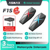 ASMAX F1S Motorcycle Bluetooth Intercom for 10 Riders, Voice Command, BT 5.3 Helmet Communication, Hi-Fi Sound, No Magnetic Base