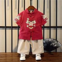 Summer Chinese Style Cotton Linen Red Dragon Embroidery Tang Suit Boys Girls Fashion Baby New Year Clothes Tai Chi Clothing