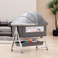 3 In 1 Baby Bed with Storage Basket & Mosquito Net, Baby Crib Five Height Adjustments Bedside Bassinet for Newborn 0-12 Months