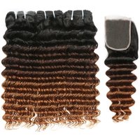 10A Brazilian Virgin Hair Deep Wave 3 Bundles with Closure 100% Ombre 1B Brown Deep Wave Human Hair Bundles With Lace Closure