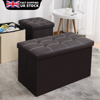 UK Black Leather Two Large Folding Storage Footstool with Seat Cushion