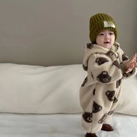 2025 Winter New Baby Cartoon Bear Plush Romper Plus Velvet Thick Infant Boy Girl Hooded Jumpsuit Newborn Toddler Clothes 0-24M