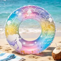 1PC Mermaid Glitter Inflatable Swim Ring Rainbow Pool Float Tube With Handles Summer Beach Water Party Float