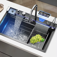 Évier de cuisine en acier inoxydable avec robinet à affichage numérique, grand bac unique, cascade, pluie, système 5 fonctions, évier de vaisselle