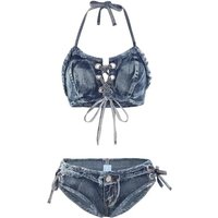 Sexy Denim Bikini Set White Chest Strap Split Vacation Swimsuit Women 2026 Summer Bathing Suit