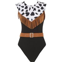 Womens Prairie Pioneer Cowgirl Bodysuit with Suede Waist Belt Halloween Party Cowboy Costume For Adult Nightclub Jumpsuit