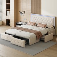 Anajqaqia Lit double avec rangement 140 x 200 cm, 4 tiroirs, lit plateforme rembourré en cuir PU, cadre de lit moderne pour adultes et chambre à coucher