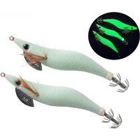 Bimoo 1~2pc Size 2.5# 3.0# 3.5 Luminous Squid Jigs White Glow Wood Shrimp with Octopus Squid Jig Hooks Cuttlefish Fishing Lure