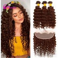 Chocolate Brown Curly Hair 3 Bundles with Frontal Deep Wave Raw Human Hair Weaves Brown Curly Bundles and Frontal For Extension