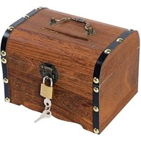Wooden Retro Treasure Chest Piggy Bank Decorative Box with Lock Coin Banknote Storage Box Safe Money Box Gift