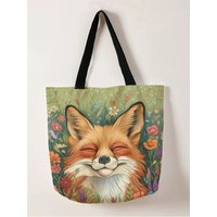 1pc,flower fox handbag, reusable fashionable handbag, multifunctional handbag, printed canvas shopping bag