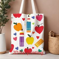 1 Piece of Cute and Colorful Canvas Shoulder Bag with Apple and Heart Stationery Designs, Lightweight Foldable Tote Bag with Fixed Shoulder Strap, Reusable Shopping Bag, Perfect Gift for Commuting,