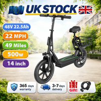UK Stock 500W 48V 22.5Ah Electric Scooter with Seat & Basket 22MPH 49Miles 14inch Foldable E-Scooter for Adults Commuter Kick Scooter Ideal for City Travel