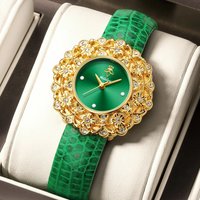 YaLaLuSi Fashion Women's Quartz Watch Emerald Green Dial with Sparkling Rhinestones Gorgeous Gold Flower Gift for Women