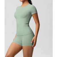 AliExpress Hamidou 2PC Quick-Drying Gym Leggings Set Summer Short Sleeve Breathable Stretchy GYM Yoga Slim Fitness Active Top Women's cycling short