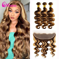Color 4/27 Highlight Body Wave Human Hair Bundles with Hd Lace Frontal Honey Brown Bundles and Frontal For Human Hair Extensions