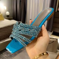 Luxury Rhinestone Square Toe Flat Bottom Slippers Women Bling Bling Crystal Sandals Summer Outdoor Leisure Vacation Beach Shoes
