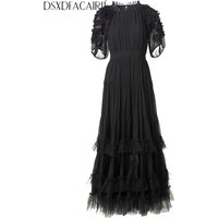 DSXDFACAIRIJ Women's Solid O-Neck Lantern Sleeve Flounced edge Design Summer High Street New model Temperament Maxi Dresses