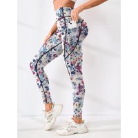 Printed women's high waistband pocket fitness pants paired with tight abdominal yoga pants, suitable for running, hiking, and sp