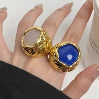 Vintage Hyperbole Irregular Metal Lava Textured Round Natural Stone Rings For Women Trendy Finger Jewelry Gifts