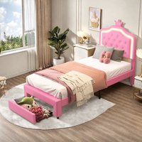 3ft Single Bed Frame with LED light, Crown-shaped Upholstered Single Bed with Drawer, Pink Princess Bed with Height Adjustable Headboard, Children's Bed,Youth Bed, Girls Bed with Solid Wood Slats, PU