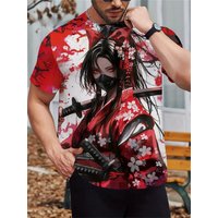 Sakura Samurai Pattern Men's T-Shirt Japanese Anime Short Sleeve T-Shirt Harajuku Tops Summer Men's Oversized Casual Clothing