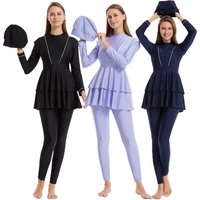 S-3XL Modest Islamic Muslim Swimsuit Burkini for Adult Women Ladies Full Cover Solid Color Dress Pants Hijab Quick Dry Ruffles