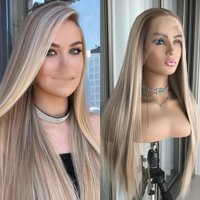 13x4 Lace Front Wig Highlight Brown Straight Synthetic Lace Wigs for Women Transparent Pre Plucked Heat Resistant Fiber Daily