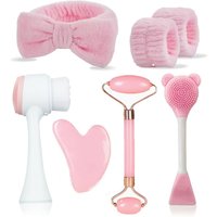 7-piece facial care tool set for skin cleansing, including a headband, wristband, face brush, roller, and more.