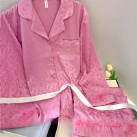 Female 2PCS Pajamas Set Sleepwear Long Sleeve Trouser Pijamas Suit with Feather Sexy Leopard Pyjama Loungewear Ice Silk Homewear