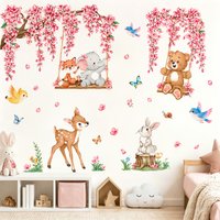 Woodland Animal Wall Decal for Nursery Kids Bedroom Cute Deer Bunny Bear Elephant Pink Blossom Wall Stickers Baby Room Decor