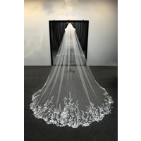 sparkling White Ivory Long Bridal Veils Wedding Veil Lace Appliques Soft Net Cathedral Veil velos de novia voile de mariée