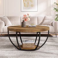 Table basse ronde Tribesigns, table basse industrielle à deux niveaux avec étagères de rangement, table d’appoint moderne en bois pour le salon, le bureau à domicile, couleur marron clair.
