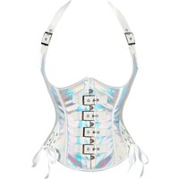 Steampunk Corset Top Gothic PU Leather Underbust Bustier with Halter Strap Silver Black