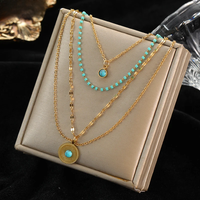 EILIECK 316L Stainless Steel Multilayer Green Stone Round Pendant Necklaces For Women Vintage Chokers Jewelry Gifts Accessories
