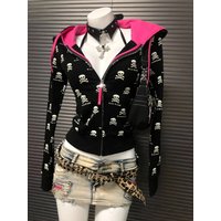 2000s Y2k Gothic Punk Skeleton Print Cardigan Contrast Hooded Sweatshirt Jacket Women Spring Autumn 2025 New Slim Fit Black Tops