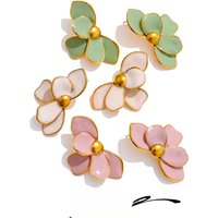 Yhpup Green Pink Enamel Petal Flower Stud Earrings for Women Stainless Steel Exquisite Spring Summer Daily Trending Jewelry